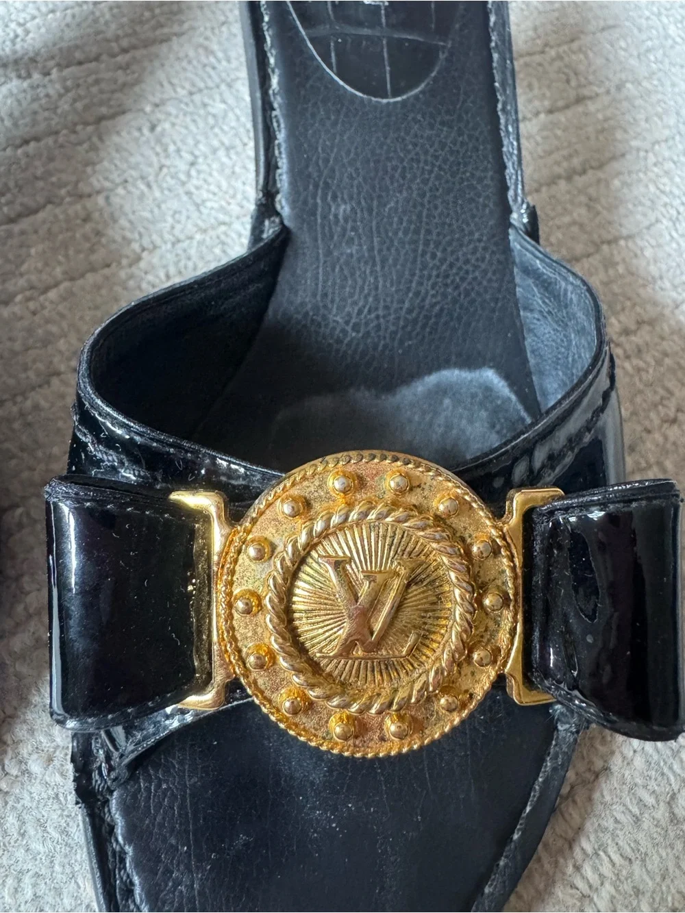 AUTHENTIC Louis Vuitton Vintage Black Patent Leather Slide Mules w/ Gold accent
